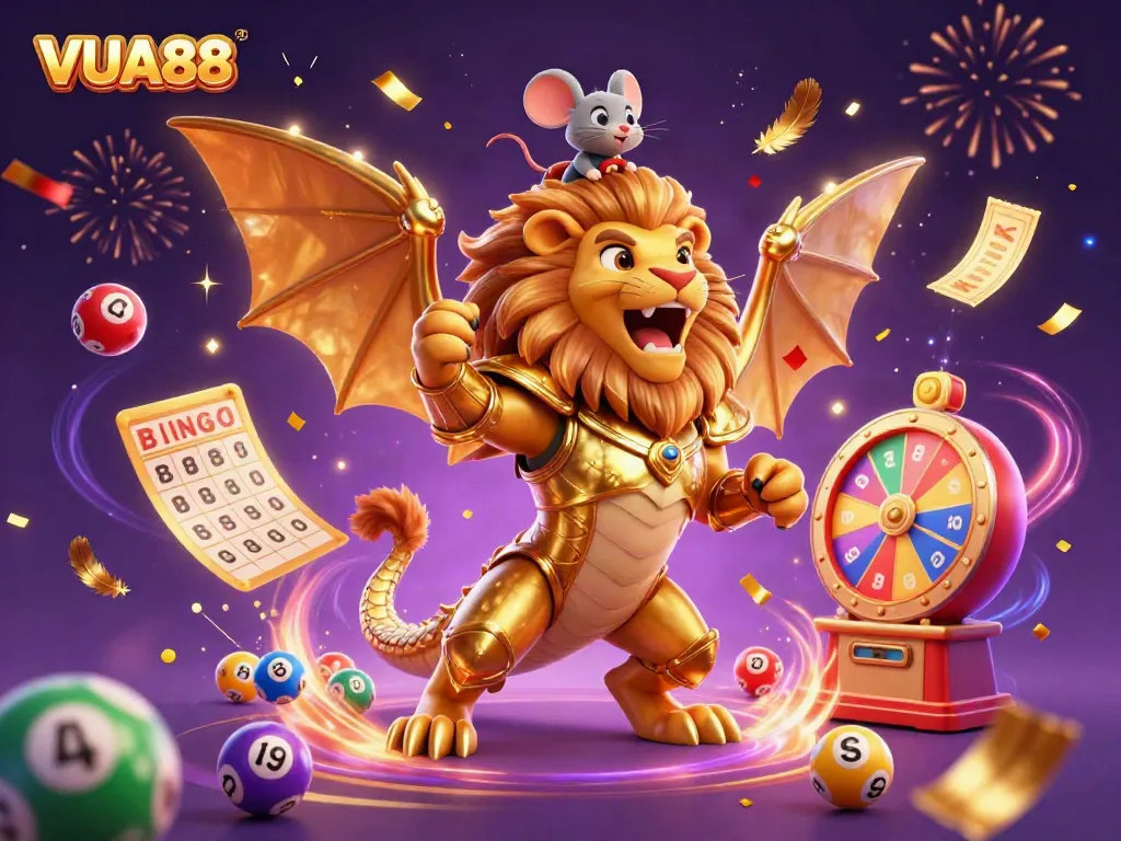 Experience VUA88's thrilling gameplay with a dynamic casino-themed illustration featuring vibrant elements and golden prizes.
