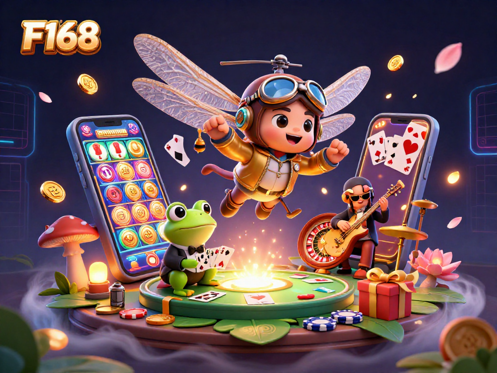 Experience the allure of F168 with thrilling casino action featuring a dragonfly pilot and frog croupier.
