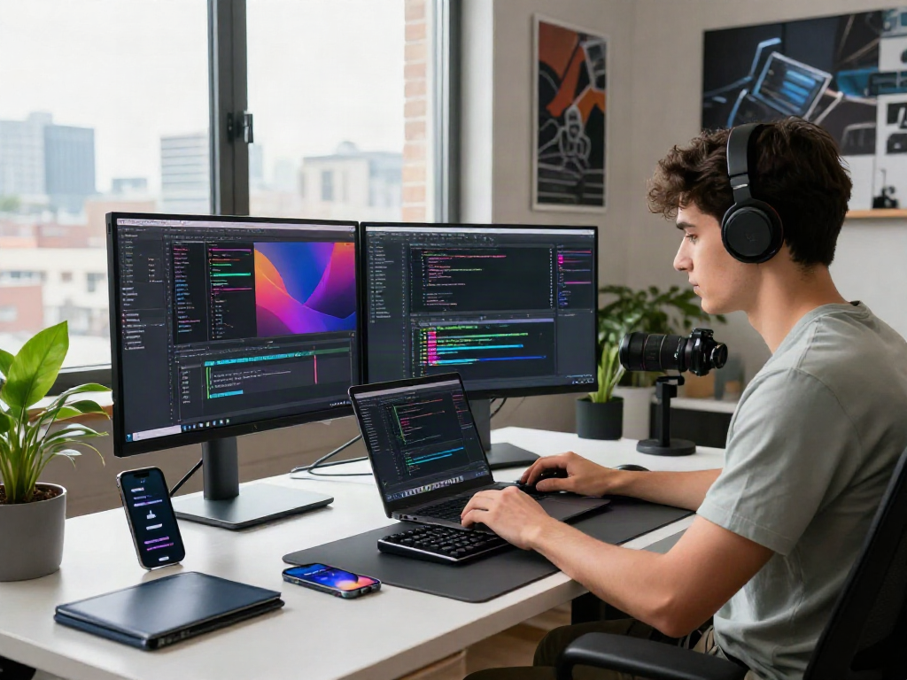 Pikashow app download in a tech-savvy workspace with vibrant monitors and coding activity.