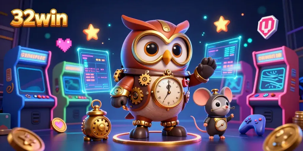 Experience thrilling moments at 32win with a captivating 3D casino scene showcasing vibrant gaming elements.