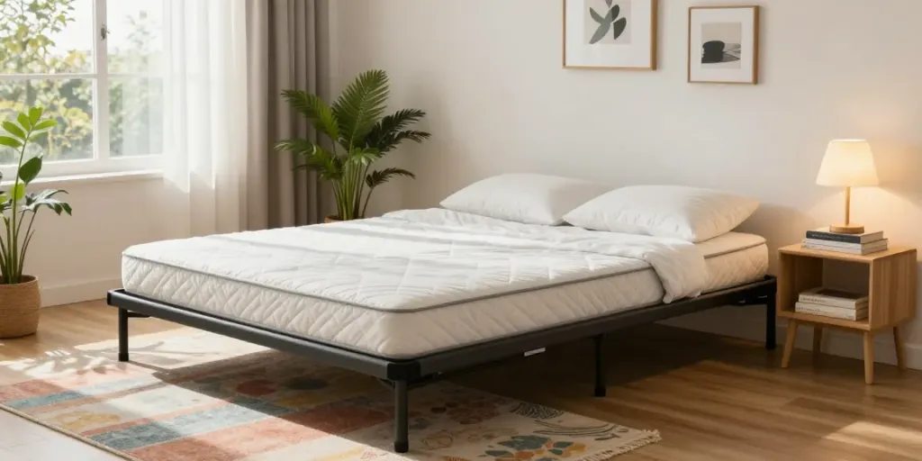 Portable bed positioned in a cozy bedroom filled with natural light.