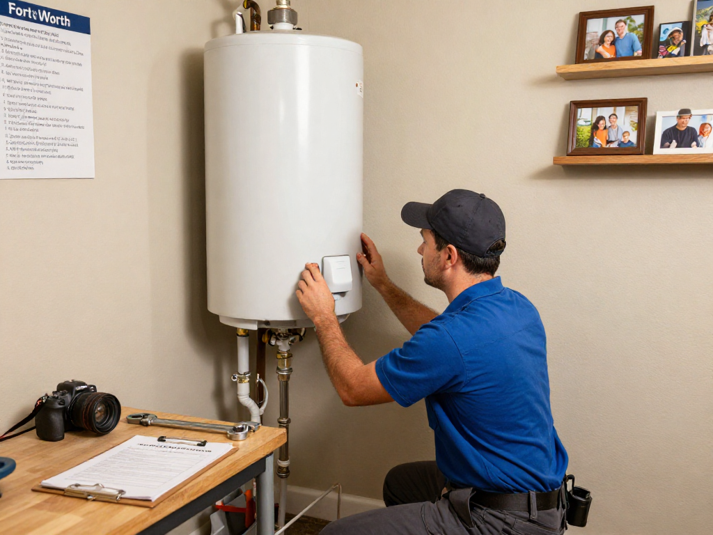 Plumber Fort Worth technician inspecting water heater in residential home.