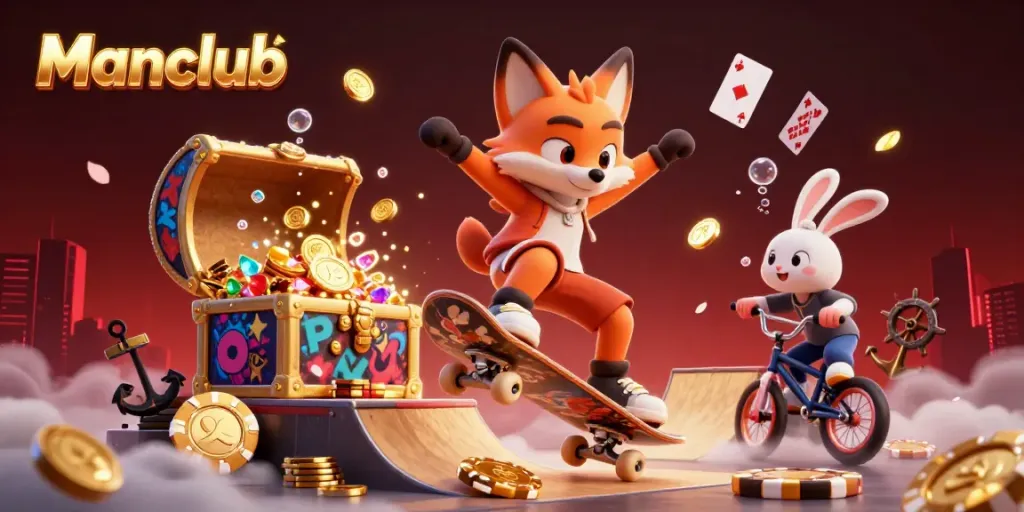 Experience dynamic gaming thrills at Manclub with animated characters and vibrant casino elements.