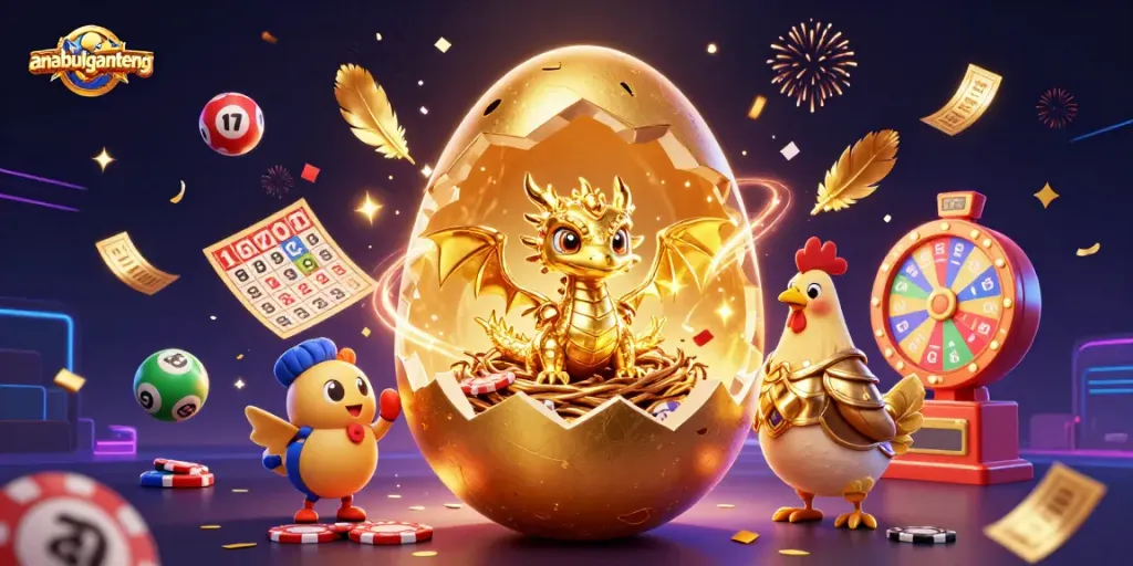 Menangkan permainan anabulganteng dengan ilustrasi 3D detail penuh, dragon emas dan chip poker.