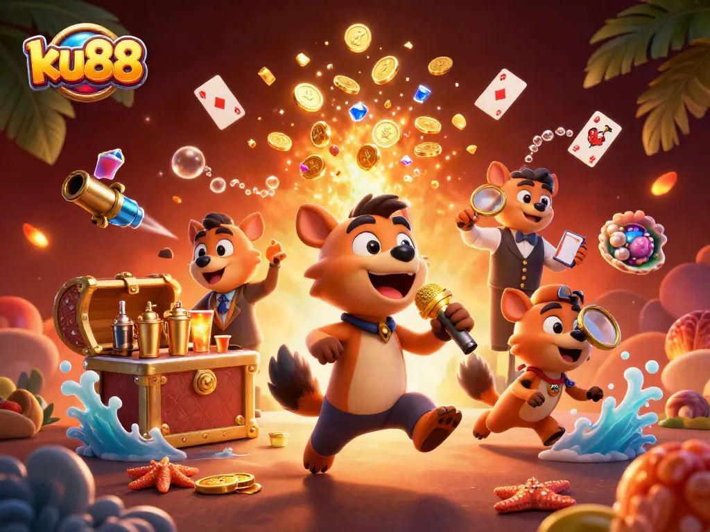 ku88 hyenas bring life to a vibrant casino scene, mixing drinks and comedy amidst golden treasures.