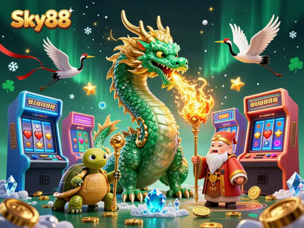 Win big with Sky88 at this vibrant casino adventure featuring an emerald dragon and gaming icons.