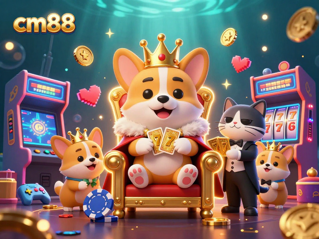 Experience the excitement of cm88 with corgi royalty, slot elements, and festive gaming vibes.