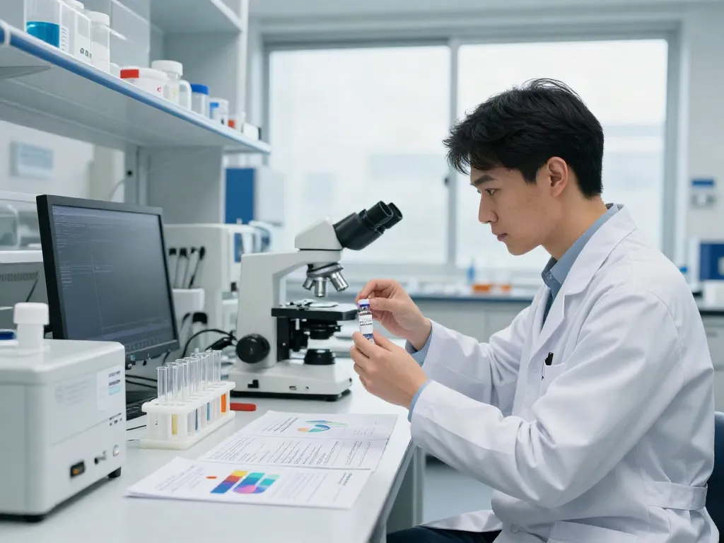 Researcher analyzing tesamorelin cost data in a modern lab.