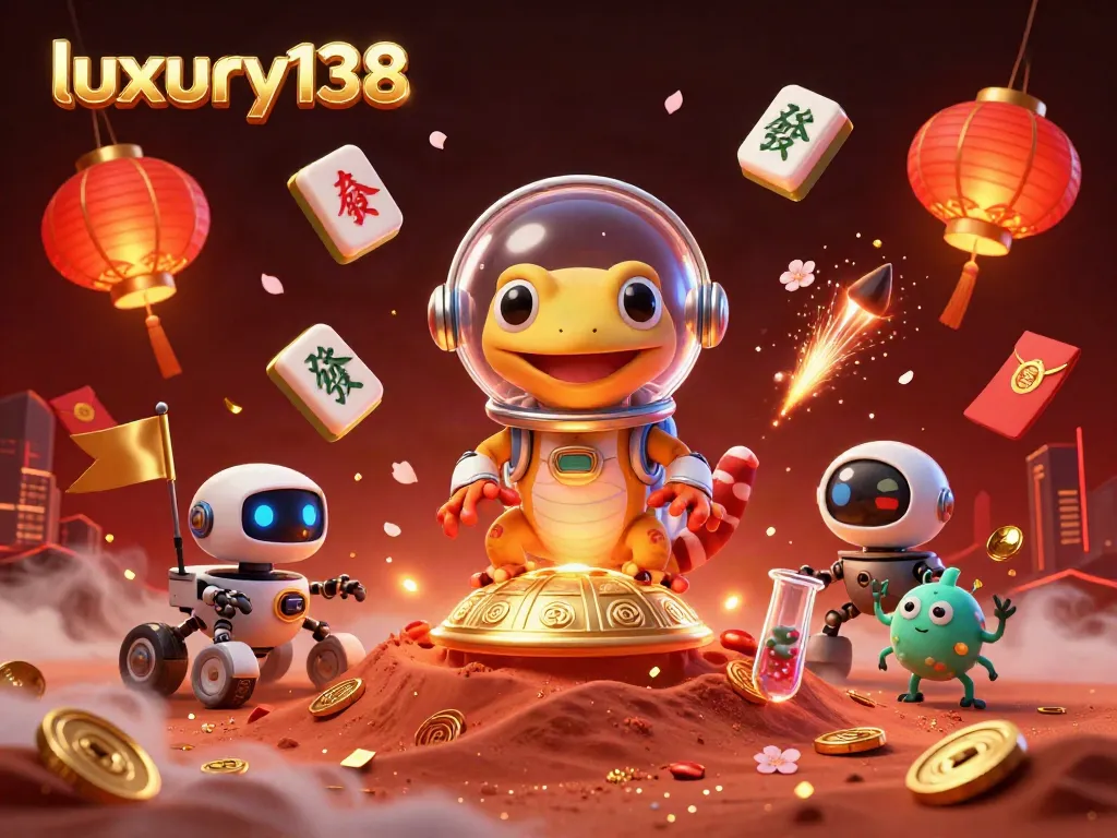 Luxury138 menampilkan kasino emas di Mars dengan gecko luar angkasa, robot, dan keceriaan.