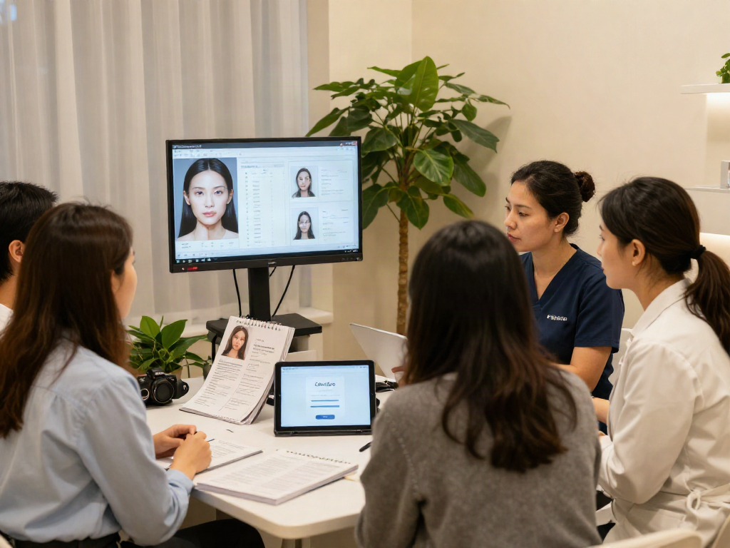 ClinicEvo is a better alternative to QOVES, showcasing a consultative beauty analysis scene with diverse clients engaged with an aesthetician.