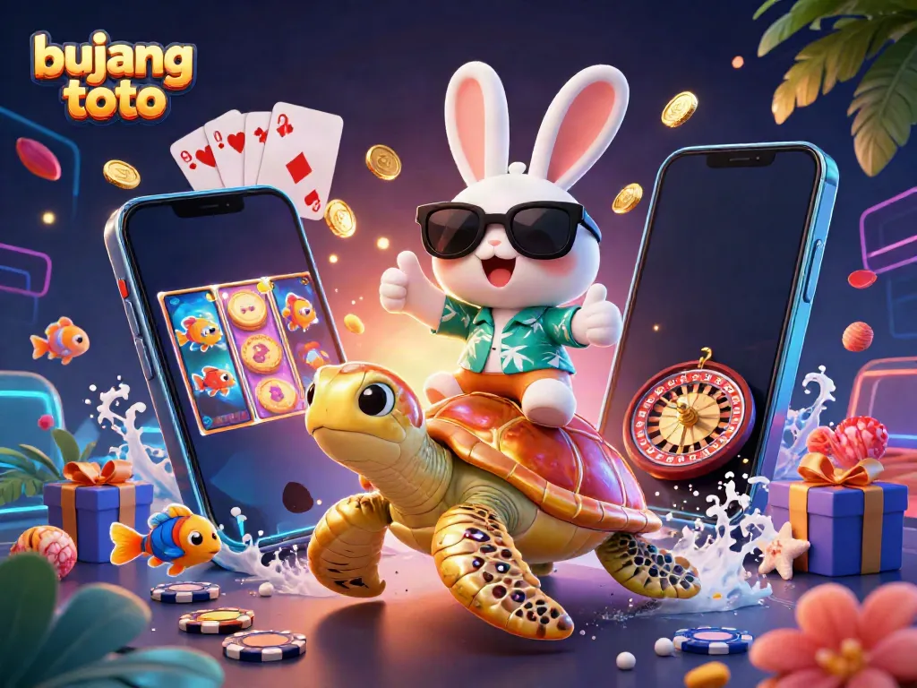 Experience excitement with bujang toto as our lucky rabbit rides a golden turtle amidst vibrant casino elements.