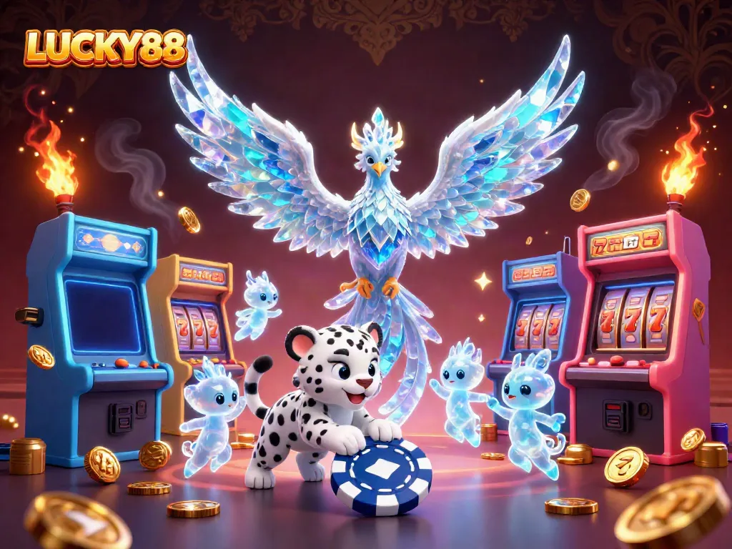 Experience LUCKY88 with a vibrant scene featuring an ice phoenix, slot machines, and dynamic casino elements.