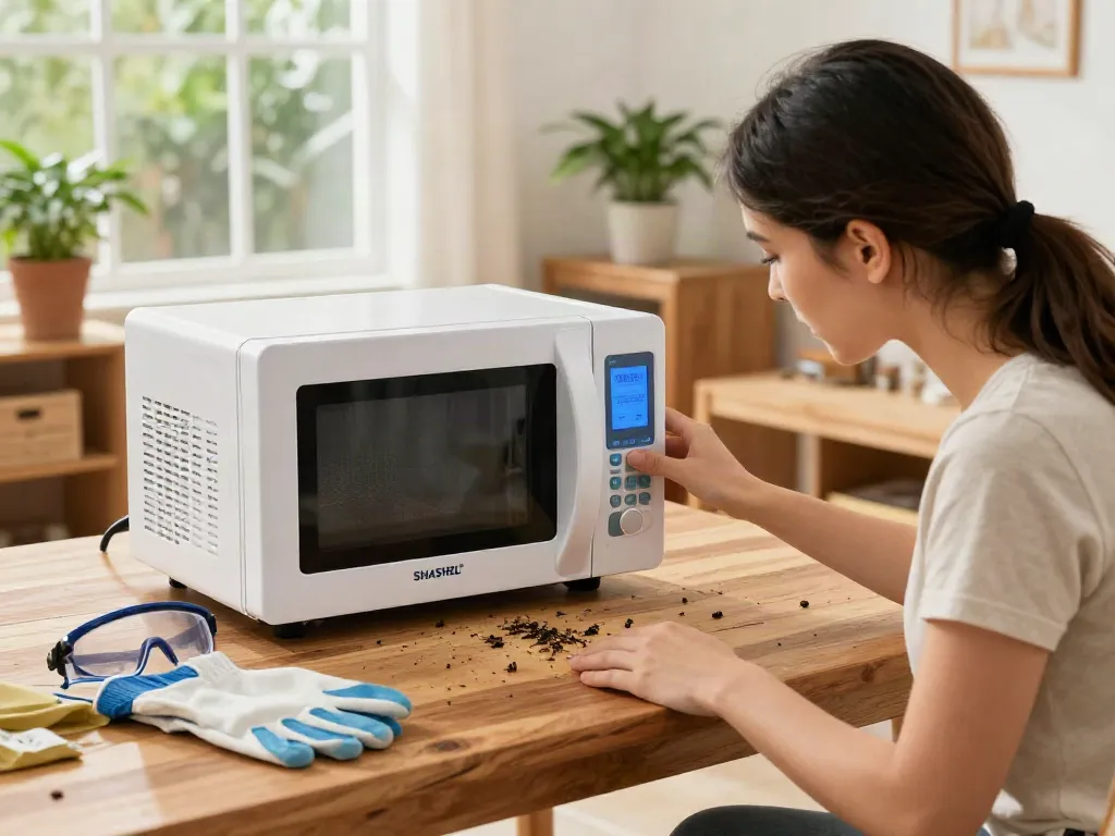 SHASHEL® microwave pest control in action, demonstrating effective wood-boring insect elimination in a bright home setting.