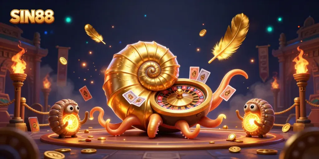 SIN88's vibrant casino scene showcases a giant nautilus roulette wheel surrounded by golden coins and glowing ammonite companions.