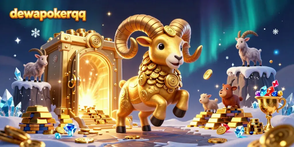 Experience the thrill of dewapokerqq with a golden ram charging through treasure in a vibrant online casino scene.