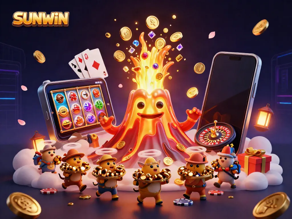 Experience excitement with SUNWIN as treasure erupts from a golden volcano in a vibrant casino scene.