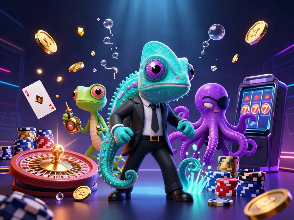 Experience thrilling gameplay in this vibrant illustration of a cartoon chameleon in a casino setting, showcasing situs elements with gold coins and shining gems.