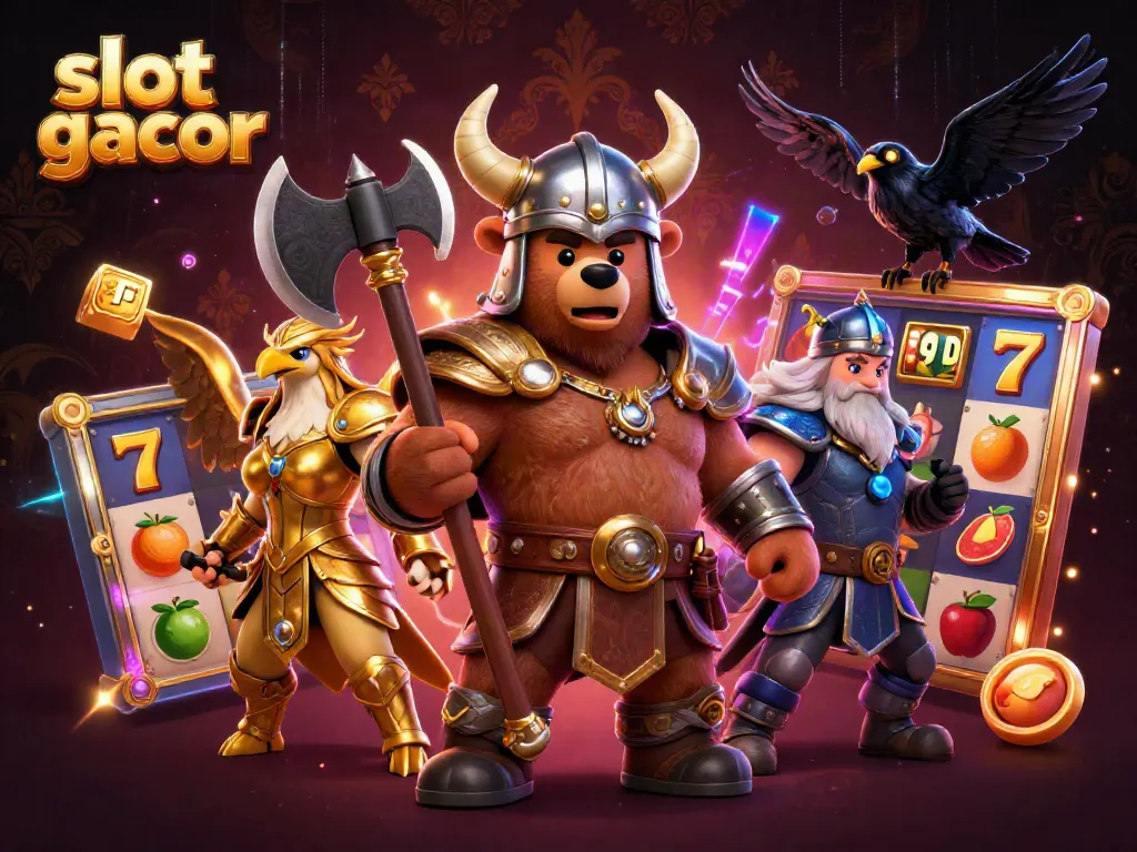 Engage in slot gacor games with dynamic Viking and Valkyrie characters amidst lively casino elements.