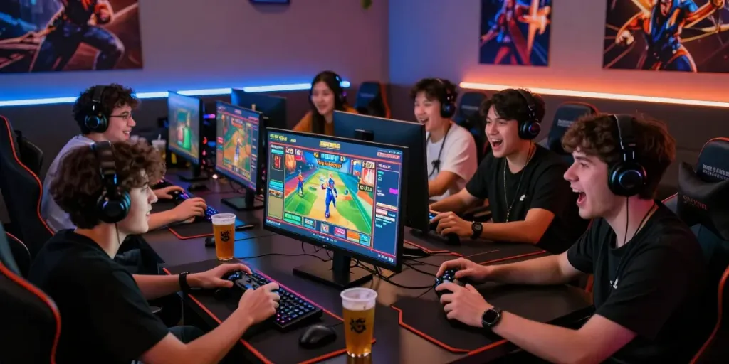 Group of friends playing on the BOS88 online gaming platform, immersed in a dynamic multiplayer slot experience, surrounded by gaming gear and vibrant atmosphere.