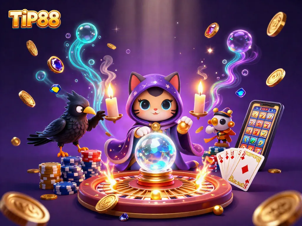 Experience the thrill of winning with TIP88 in this vibrant casino scene including a mystic cat, glowing raven, and rich game elements.