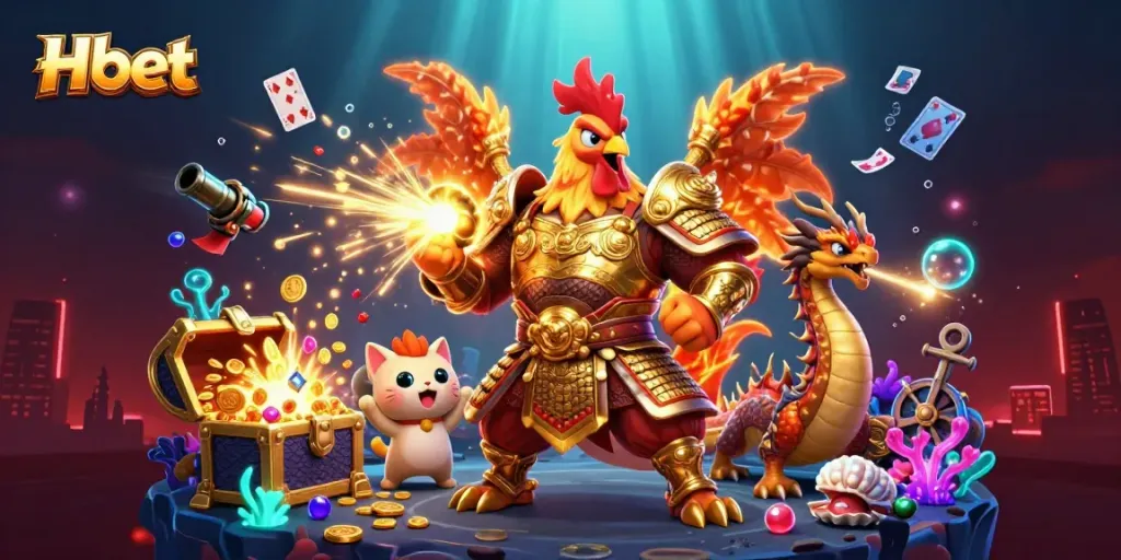 Experience the thrill of Hbet with vibrant casino-themed 3D illustration featuring warrior characters and treasures.