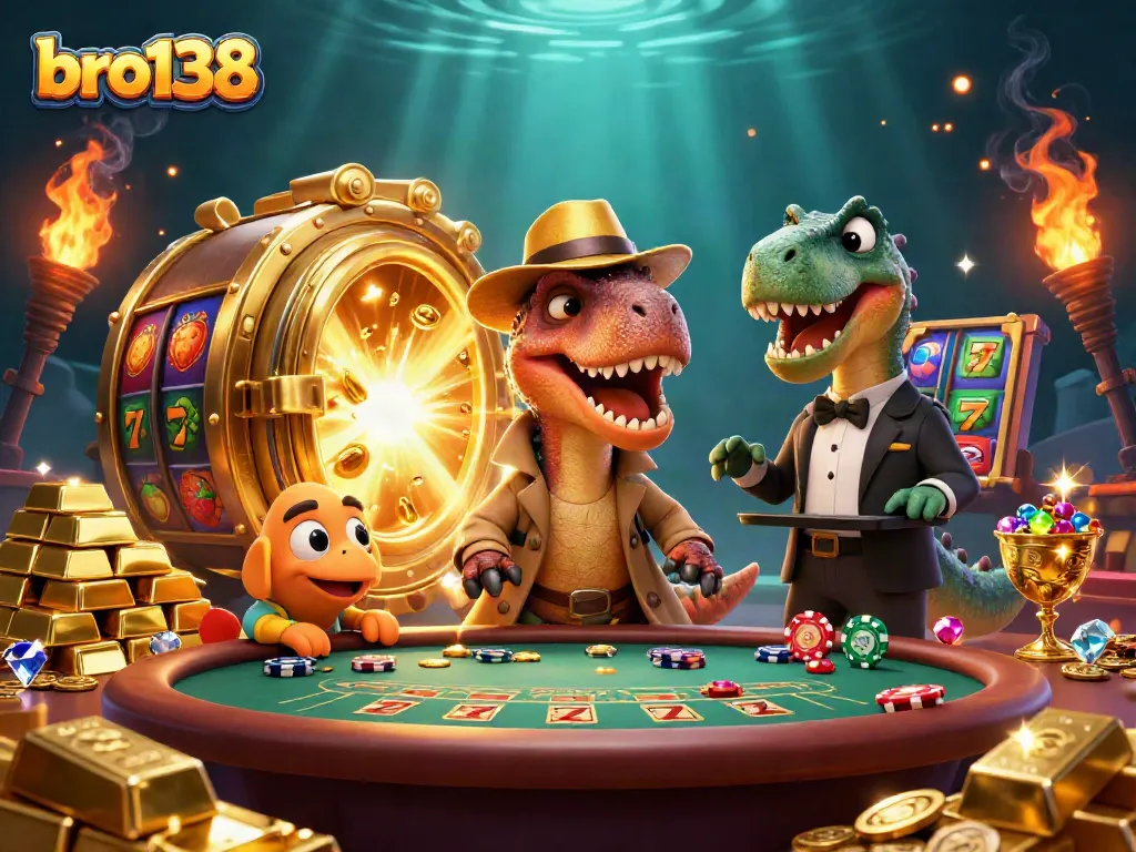 bro138 captivates players with a 3D dynamic blackjack scene featuring a cunning velociraptor card counter.