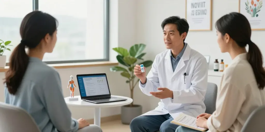 Cerebrolysin 60mg consultation in a modern clinic with a healthcare professional discussing benefits.
