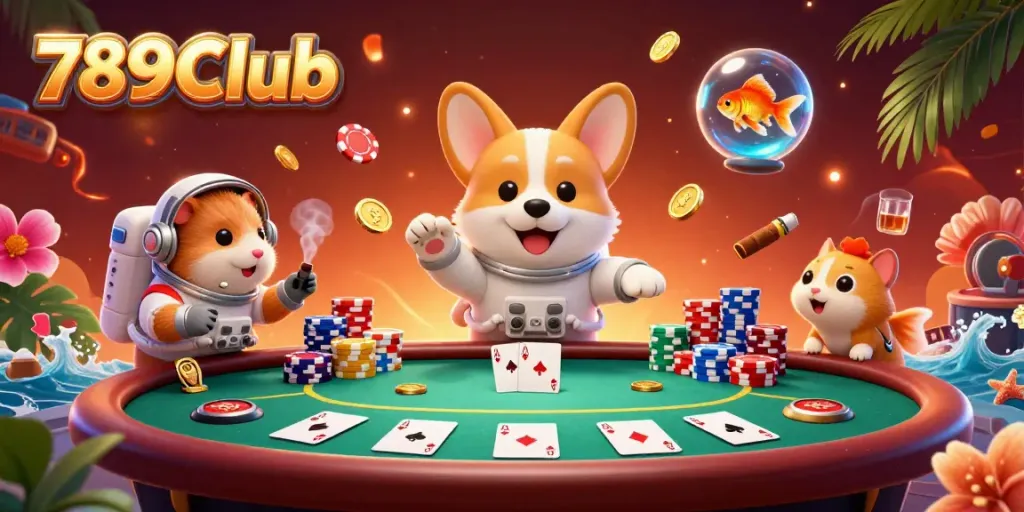 Experience the thrill of gaming with 789Club's vibrant 3D casino scene featuring a playful astronaut corgi.