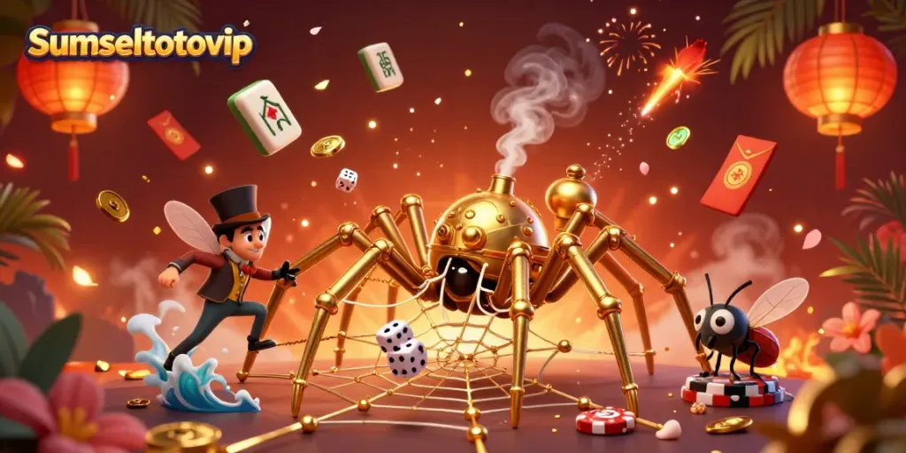 Engage with sumseltotovip's thrilling environment featuring a steampunk spider, poker elements, and rich decorations.