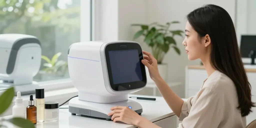 Woman exploring alternatives to QOVES through AI facial analysis in a modern beauty space.