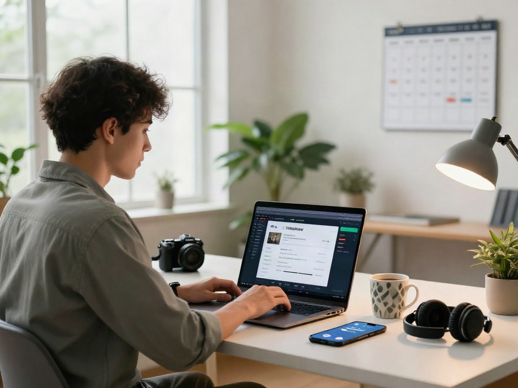 Streaming content on Pikashow app in a modern workspace with vibrant lighting.