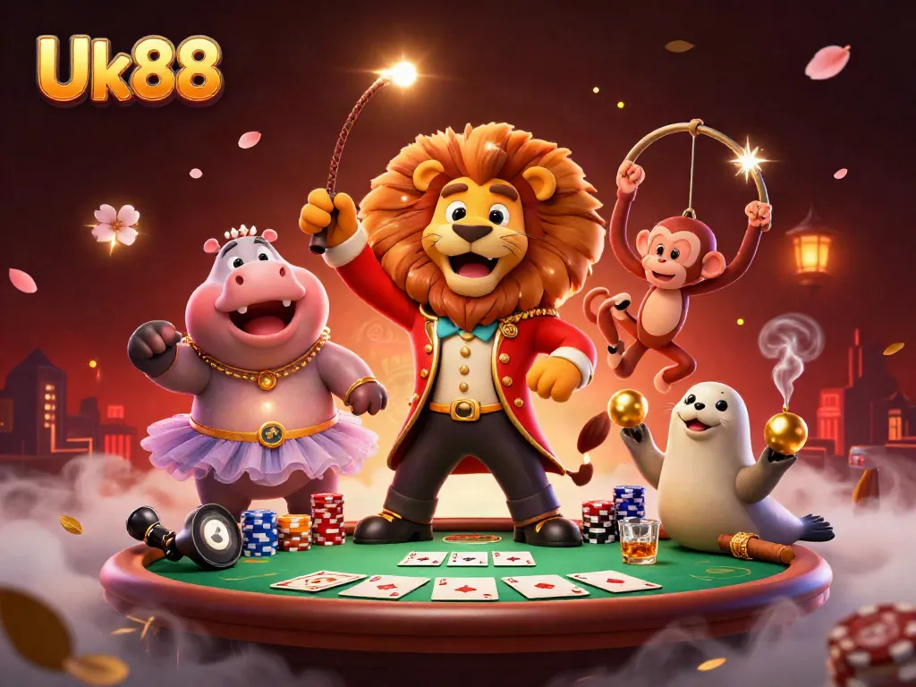 Experience thrilling gameplay with Uk88 in a vibrant circus-themed casino scene.