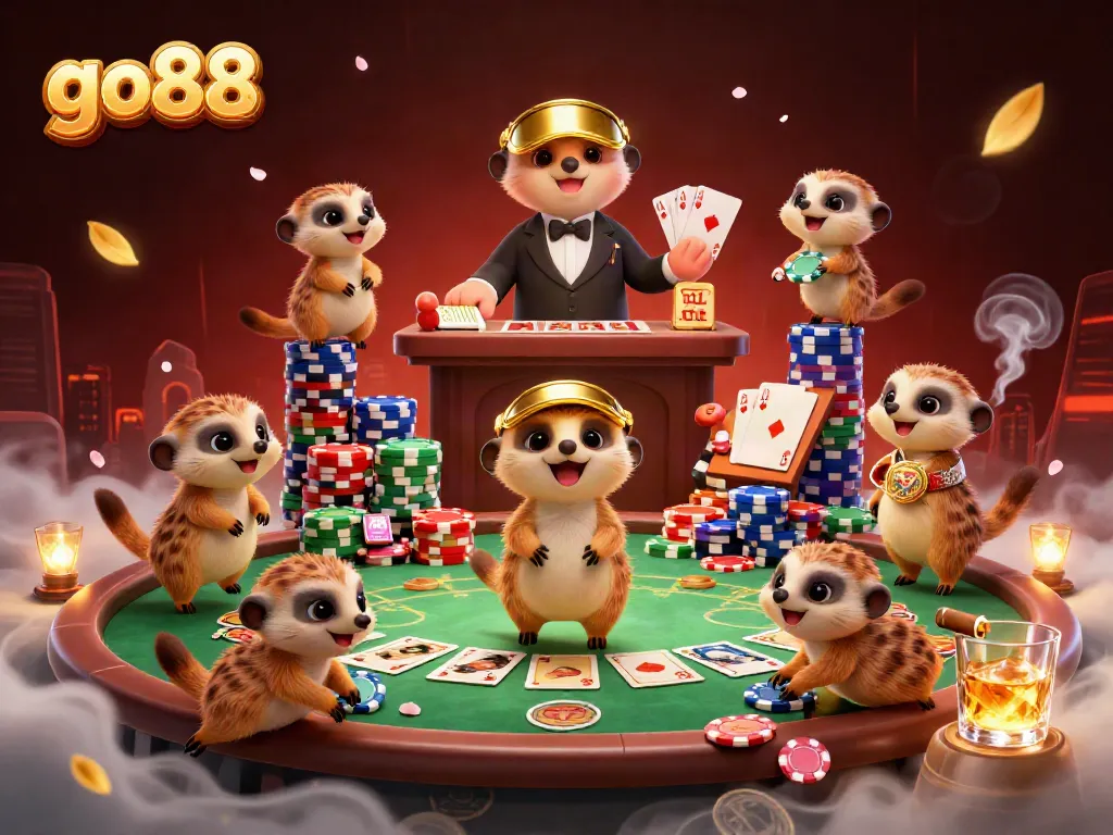 Watch meerkats manage an elaborate go88 casino operation in vibrant, dynamic 3D illustration.