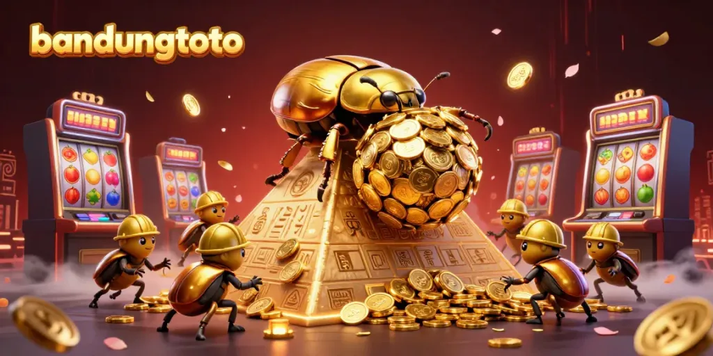 Experience the excitement of bandungtoto with a vibrant 3D scene of golden beetles and casino elements.