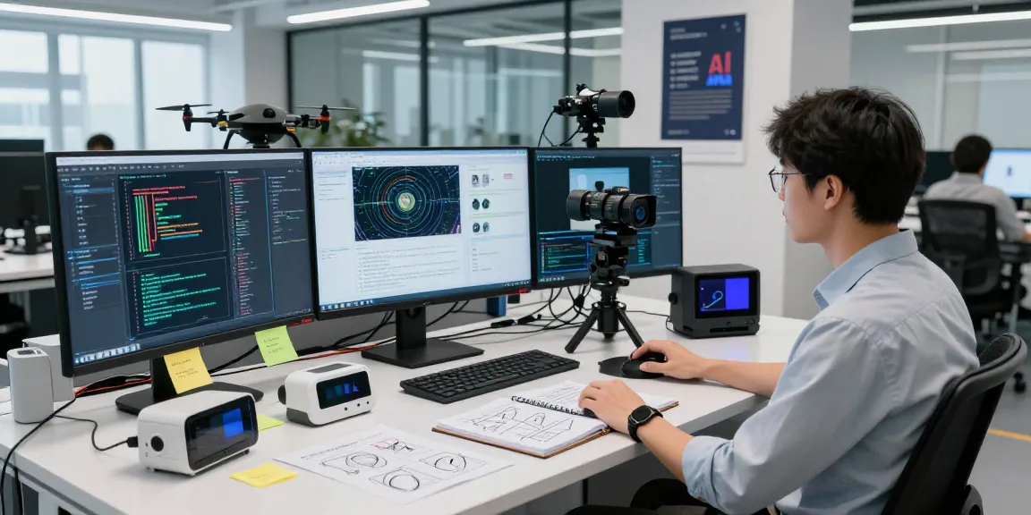 AI Image Detection analysis in a tech lab with monitors and gadgets showcasing innovative research.