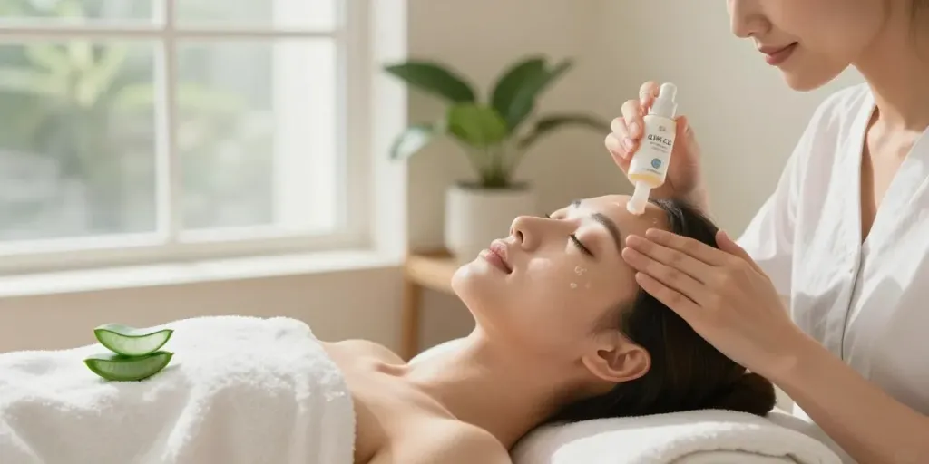 Woman applying GHK-Cu skincare product in a calming spa scene.