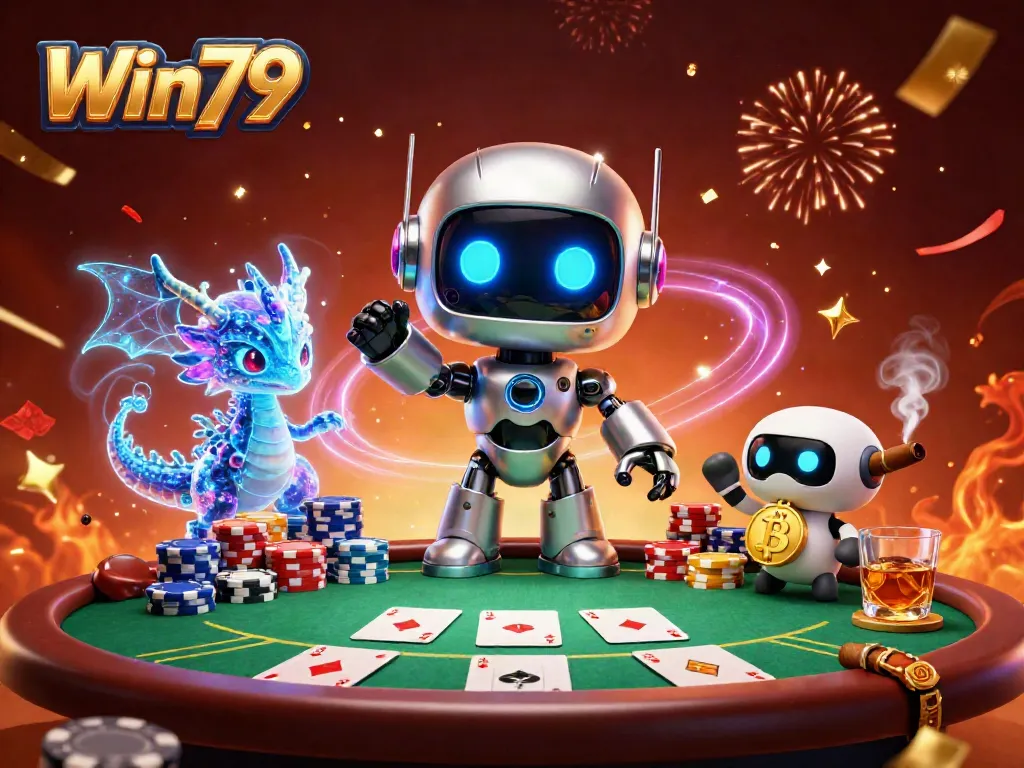 Experience thrilling gameplay at Win79 with a vibrant casino scene featuring poker chips and neon characters.