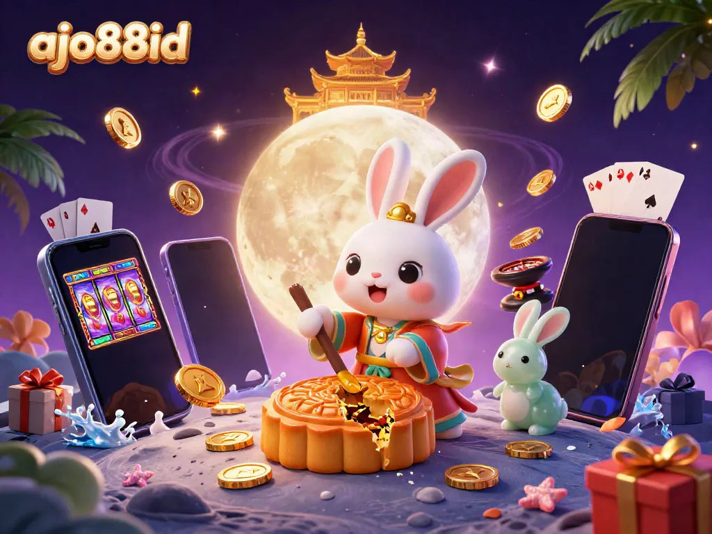 Permainan slot menghibur di AJO88id dengan karakter kelinci bulan dan chip poker yang bersinar.