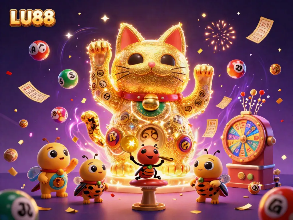 Experience the vibrant LU88 casino world, featuring a lucky cat and dynamic gambling symbols in a lively scene.
