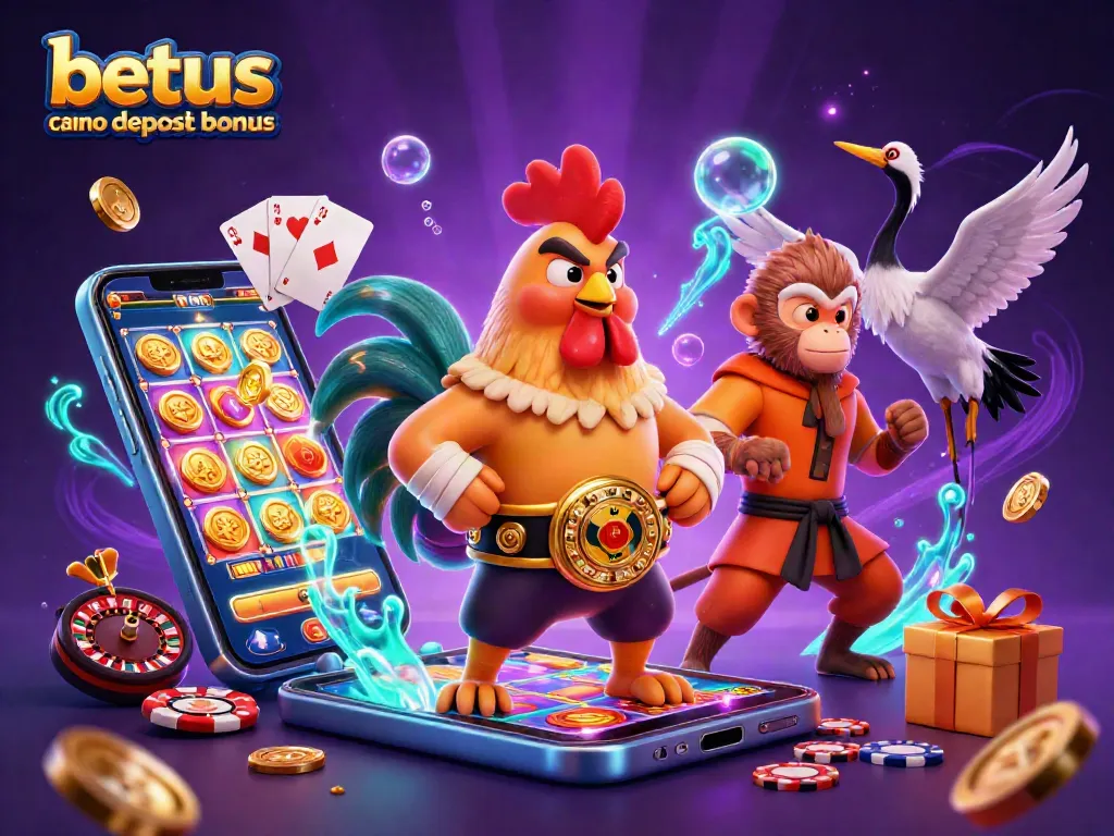 Engage with betus casino no deposit bonus through vibrant 3D illustration showcasing casino games featuring a rooster, monkey, and crane.