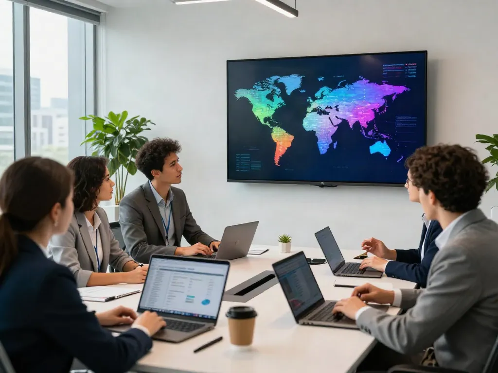 The team analyzes data on the biggest insurance company in the world during a strategy meeting.