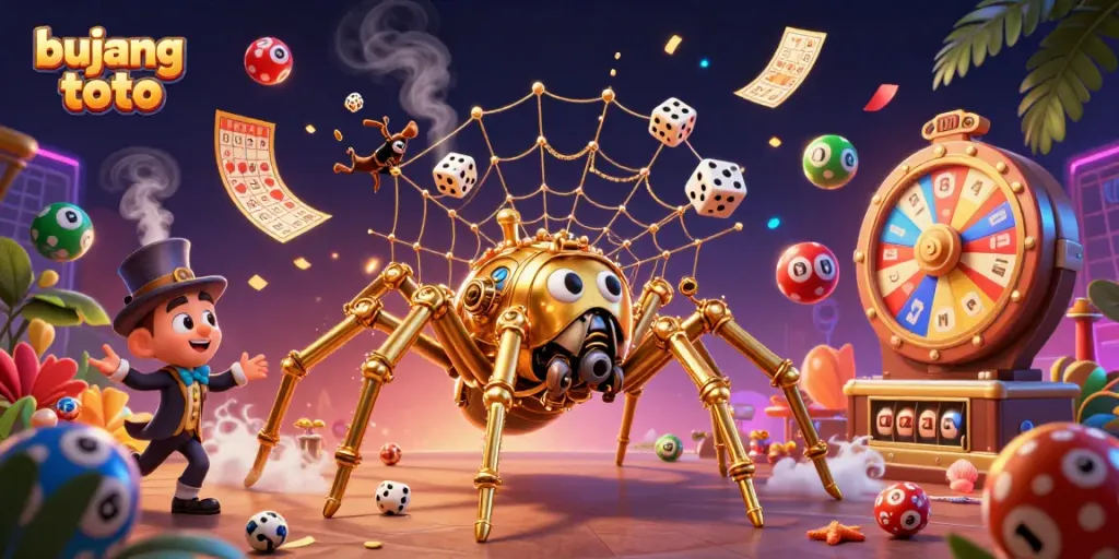 Experience the excitement of bujang toto with vibrant lottery balls and a unique steampunk spider character.