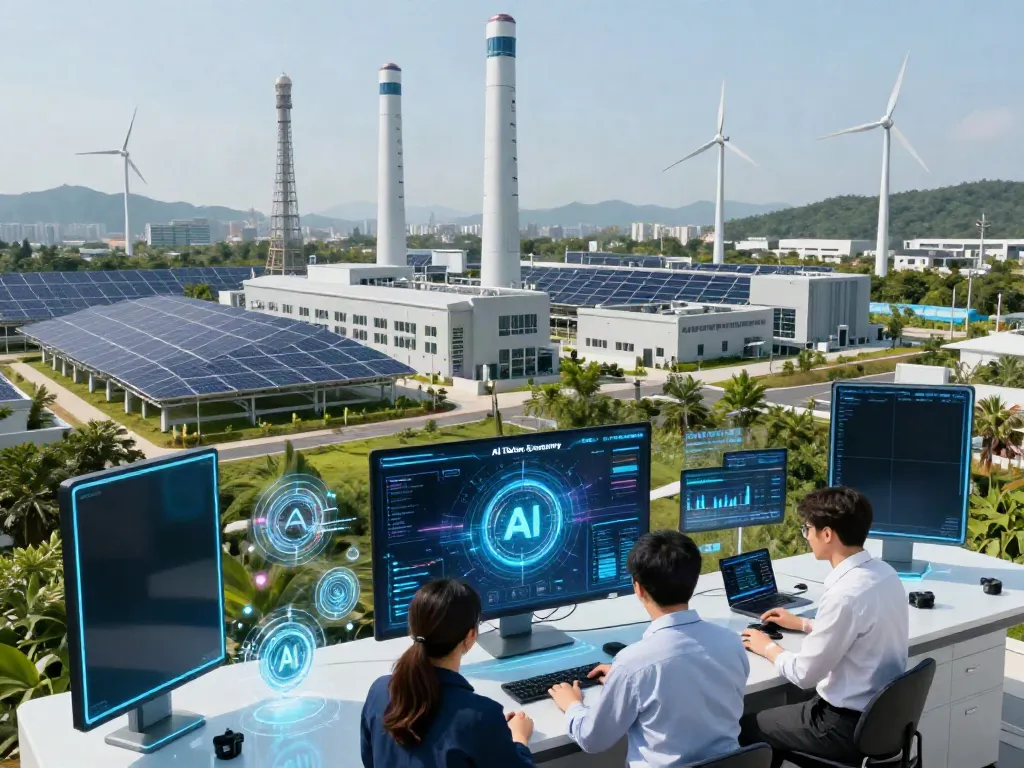 Engineers collaborating on AI Token Economy strategy, showcasing power resources and data analysis